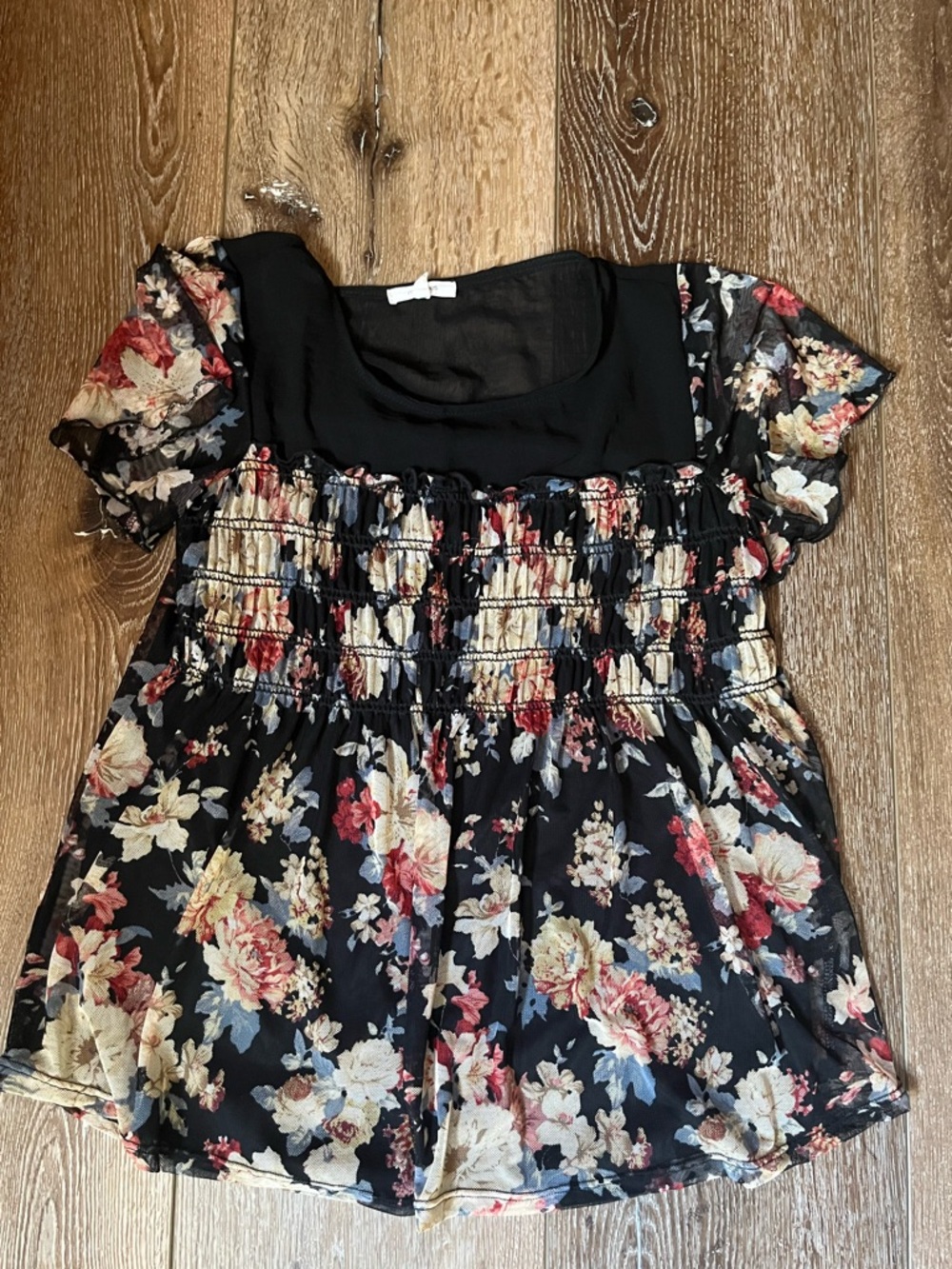 Maurices Black Floral Smocked Short Sleeve Blouse
